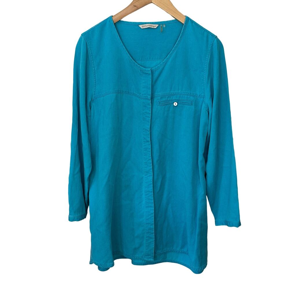 Soft‎ Surroundings Shirt Dress Womens Size PL Blue 100% Tencel Button Up Tunic